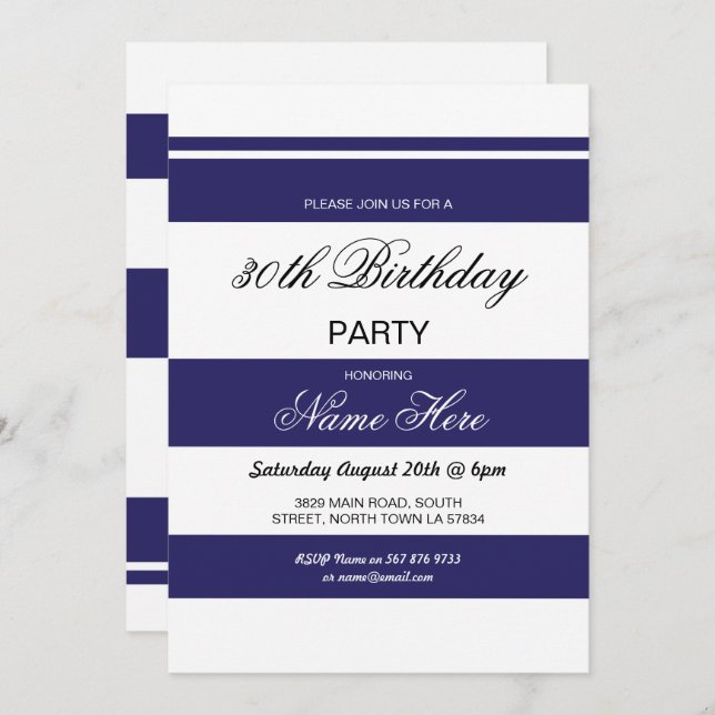 30th Birthday Party Stripe Navy & White Invite 40 (Front/Back)