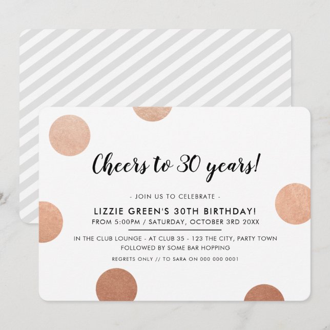 30TH BIRTHDAY PARTY stylish rose gold polka dots Invitation (Front/Back)