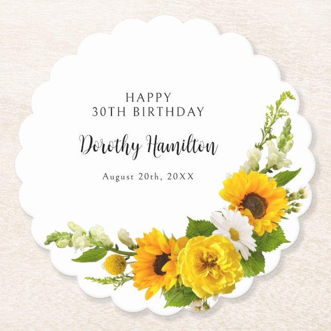 30th Birthday Party Sunflower Daisy Custom Paper Coaster (Front)