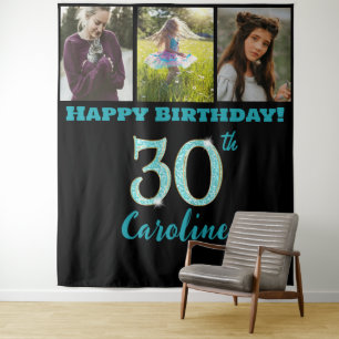 30th Birthday Party, Teal Blue Glitter & 3 photos Tapestry