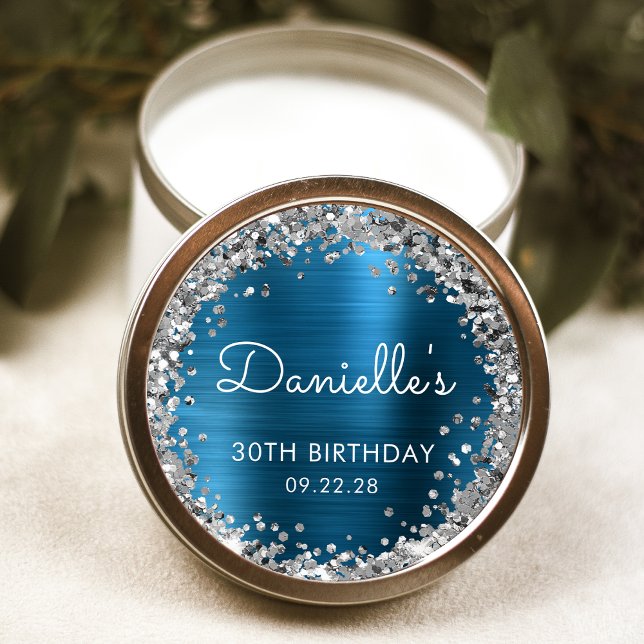 30th Birthday Party Teal Blue Silver Glitter Classic Round Sticker (Creator Uploaded)
