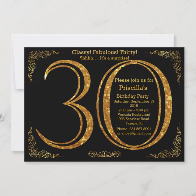 30th,Birthday party, thirty, Gatsby, black & gold Invitation (Front)