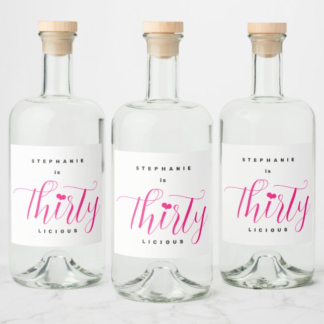 30th Birthday Party Thirty Thirtylicious Pink Text Liquor Bottle Label (Bottles)