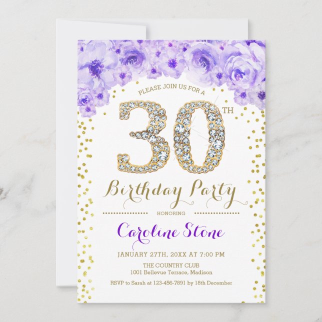 30th Birthday Party - White Gold Purple Invitation (Front)