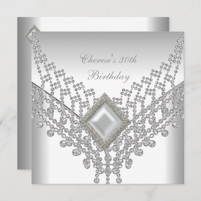 30th Birthday Party White Pearl Diamond Jewel Invitation (Front/Back)