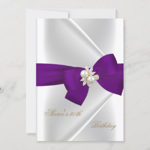 30th Birthday Party White Pearl Jewel Purple Bow Invitation
