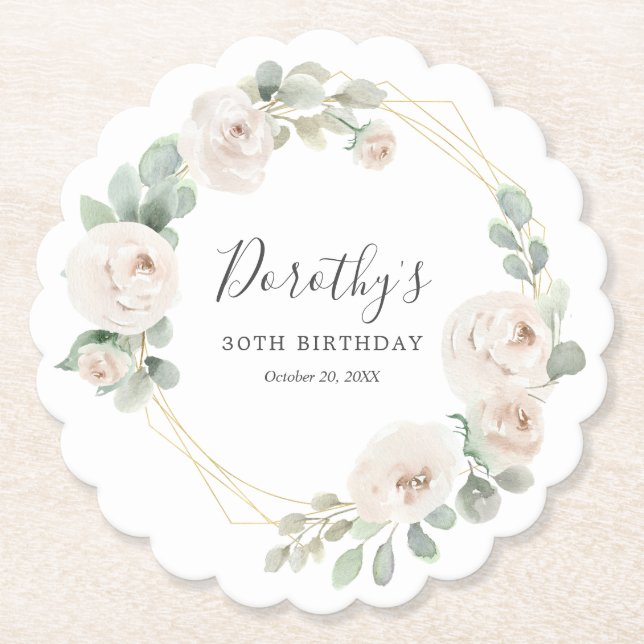 30th Birthday Party White Rose Floral Custom Paper Coaster (Front)