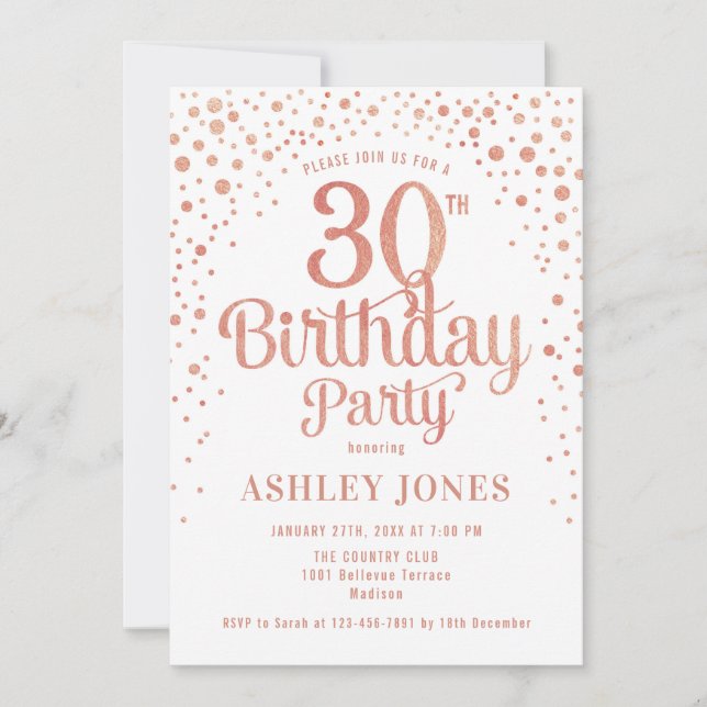 30th Birthday Party - White & Rose Gold Invitation (Front)