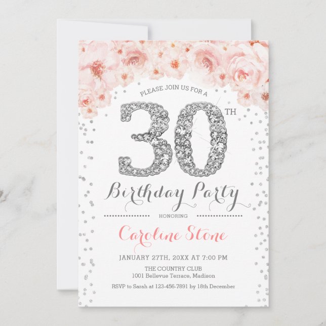 30th Birthday Party - White Silver Pink Invitation (Front)