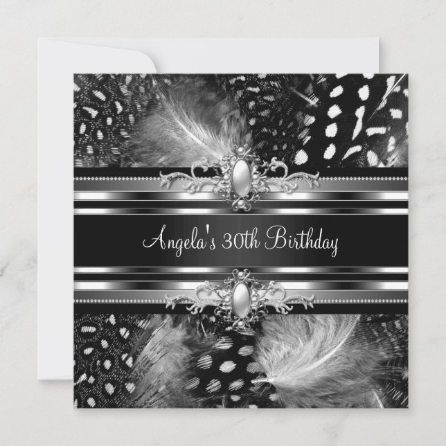 30th Birthday Party Wild Feathers Silver Black Invitation (Front)