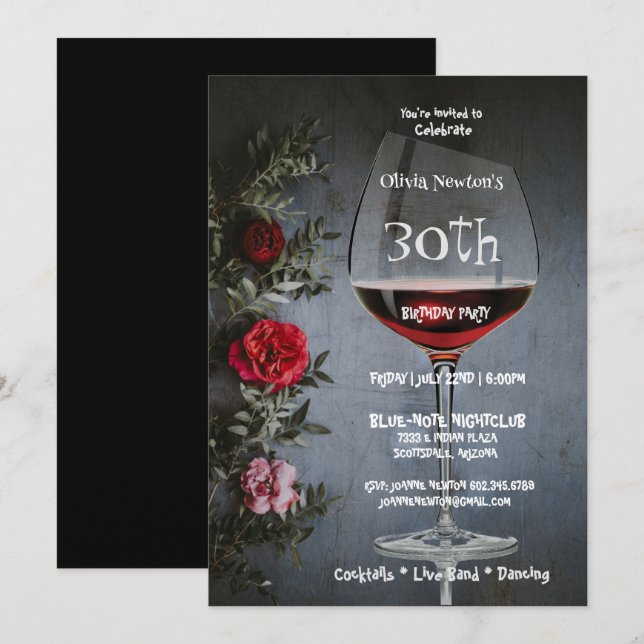 30th Birthday Party Wine & Red Roses Birthday  Invitation (Front/Back)