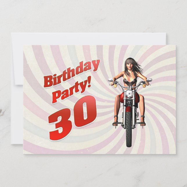 30th birthday party with a girl on a motorbike invitation (Front)