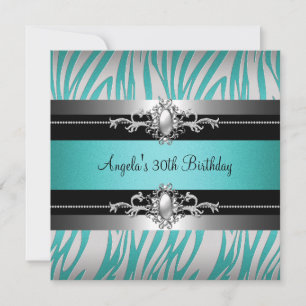 30th Birthday Party Zebra Teal Blue Silver Black Invitation