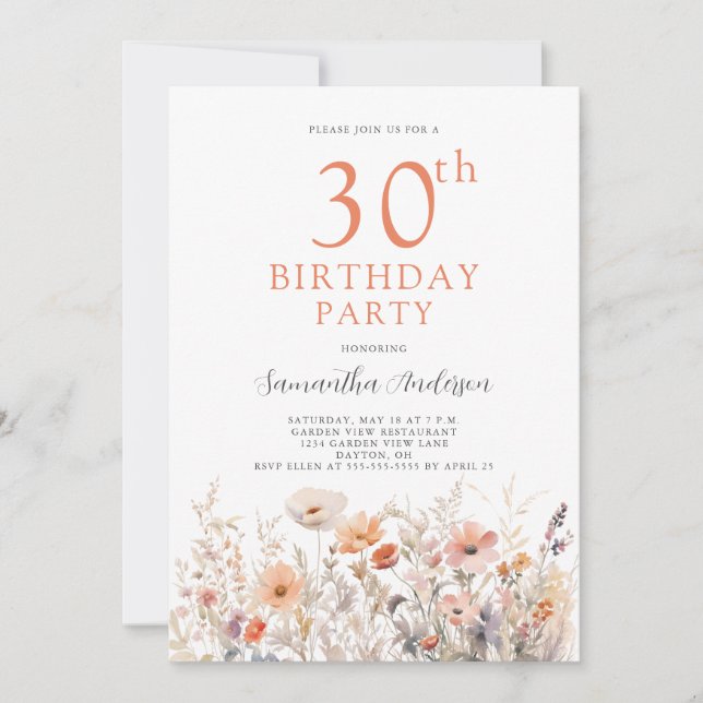 30th Birthday Peach Floral Invitation (Front)