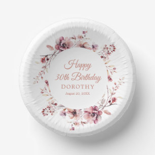 30th Birthday Personalised Burgundy Pink Floral Paper Plate