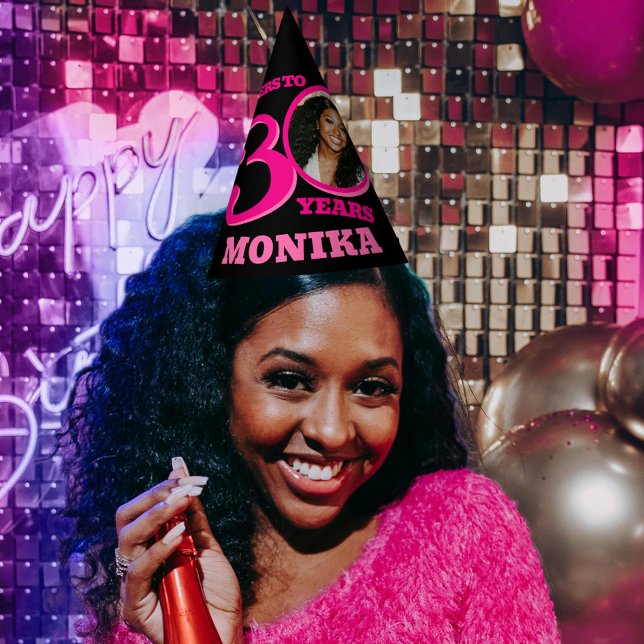 30th birthday personalised photo pink black party hat (Creator Uploaded)