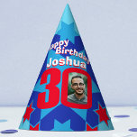 30th birthday personalised photo star name hat<br><div class="desc">Bright star patterned custom photograph and name birthday party hat. Ideal for a special boys 30th birthday party celebration. Colourful red and blue star thirtieth birthday design. Background colour can also be changed for your own choice currently light blue. Original art and design by Sarah Trett. www.sarahtrett.com for www.mylittleeden.com</div>