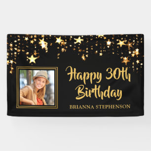 30th Birthday Photo Black Gold Stars Personalised Banner