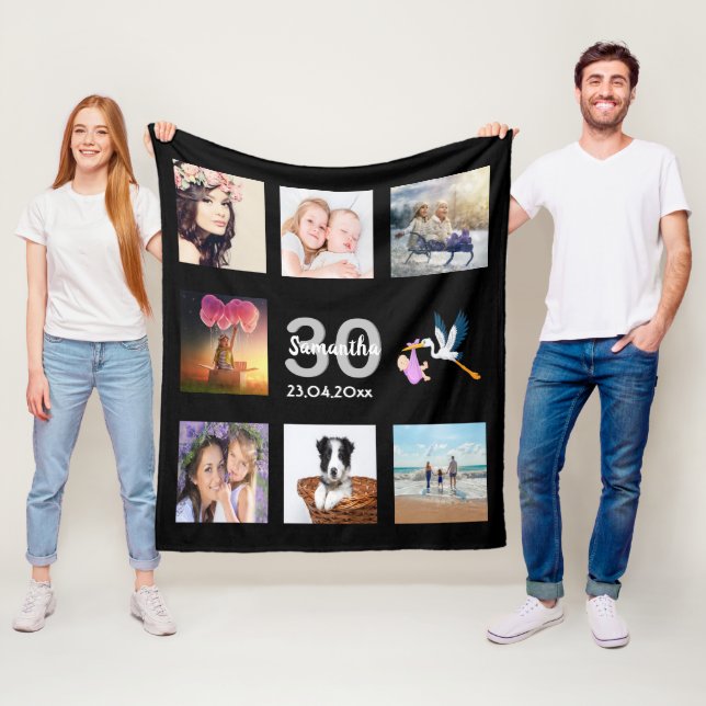 30th birthday photo collage black fleece blanket (In Situ)