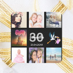 30th birthday photo collage black monogram square sticker<br><div class="desc">A sticker for a girly 30th birthday party,  celebrating her life with a collage of 8 of your photos.  Templates for a name,  age 30 and a date.  Date of birth or the date of the party.  White and gray colored letters.  Elegant black background.</div>