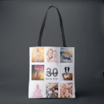 30th birthday photo collage woman white tote bag<br><div class="desc">A unique gift for a woman's 30th birthday, celebrating her life with a collage of 8 of your own photos, pictures. Personalise and add her name, age 30 and a date. A chic white background. Grey and black letters and numbers. The name is written with a modern hand lettered style...</div>