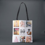 30th birthday photo collage woman white tote bag<br><div class="desc">A unique gift for a woman's 30th birthday, celebrating her life with a collage of 8 of your own photos, pictures. Personalise and add her name, age 30 and a date. A chic white background. Grey and black letters and numbers. The name is written with a modern hand lettered style...</div>