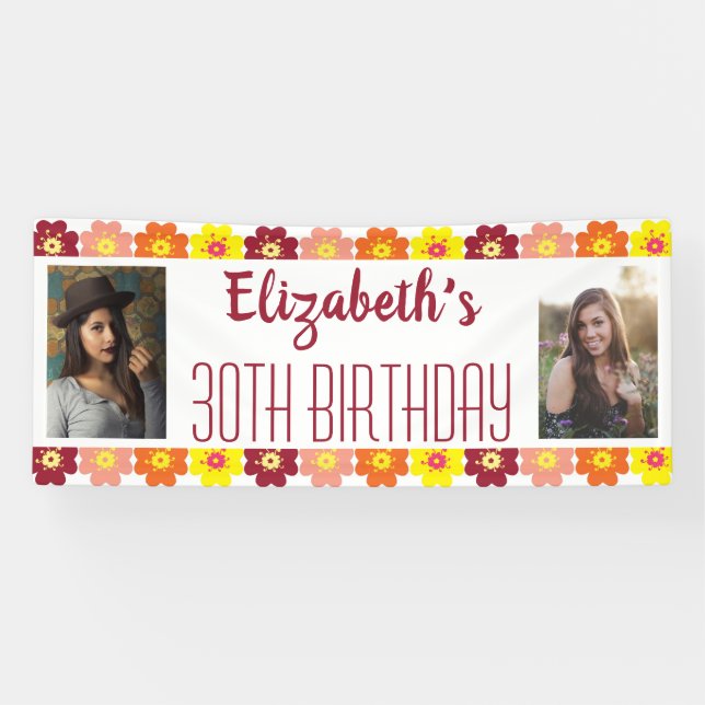 30th Birthday Photo Colourful Flowers Banner (Horizontal)