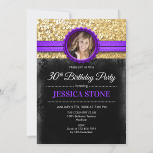 30th Birthday Photo - Gold Black Purple Invitation