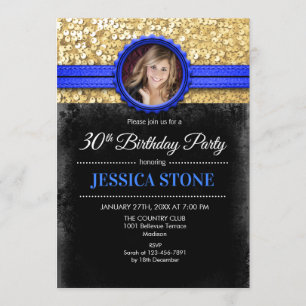 30th Birthday Photo - Gold Black Royal Blue Invitation