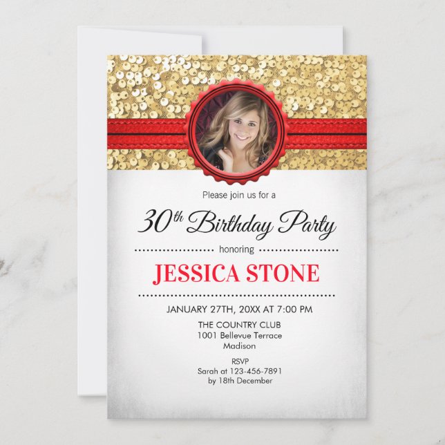 30th Birthday Photo - Gold White Red Invitation (Front)