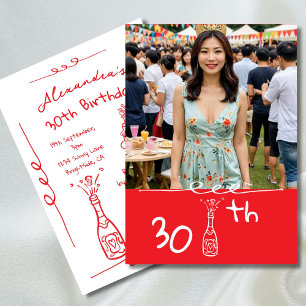 30th Birthday Photo Hand Drawn Red White Whimsical Invitation