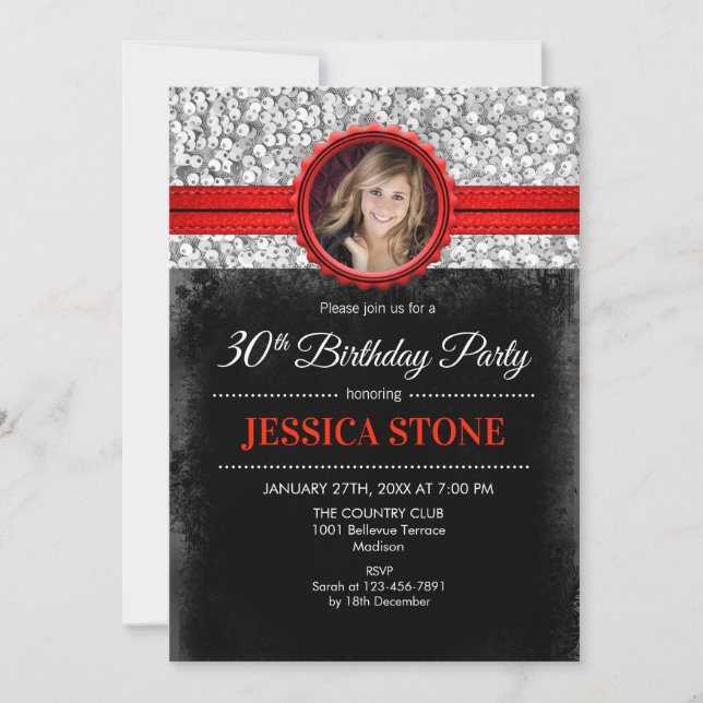 30th Birthday Photo Invitation - Silver Black Red (Front)