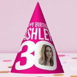 30th birthday photo personalised white hot pink party hat<br><div class="desc">Bright add your own photo and name party hat. Ideal for a special girls 30th birthday party celebration. Vibrant hot pink and white design. Other matching birthday items are available.  Original graphic art and design by www.mylittleeden.com</div>