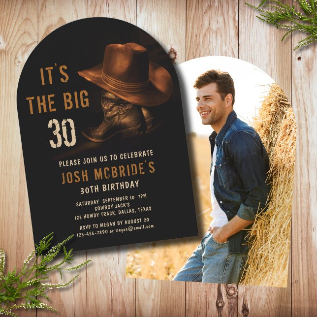 30th Birthday Photo Rustic Cowboy Hat Boots Invitation (Creator Uploaded)