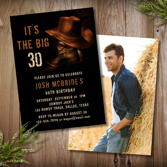 30th Birthday Photo Rustic Cowboy Hat Boots Invitation (Creator Uploaded)