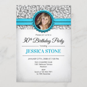 30th Birthday Photo - Silver White Aqua Blue Invitation
