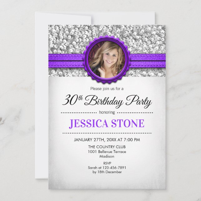 30th Birthday Photo - Silver White Purple Invitation (Front)