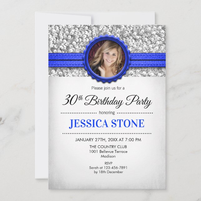 30th Birthday Photo - Silver White Royal Blue Invitation (Front)