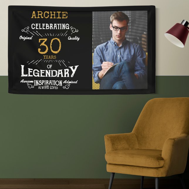 30th Birthday Photo Template Legendary Banner (Custom 30th birthday wall with name and photo on a two tone green wall.)