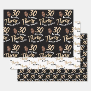 30th birthday photos gold black and white wrapping paper sheet