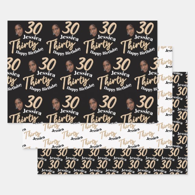 30th birthday photos gold black and white wrapping paper sheet (Set)