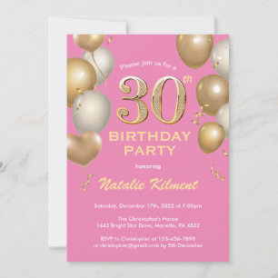 30th Birthday Pink and Gold Glitter Balloons Invitation