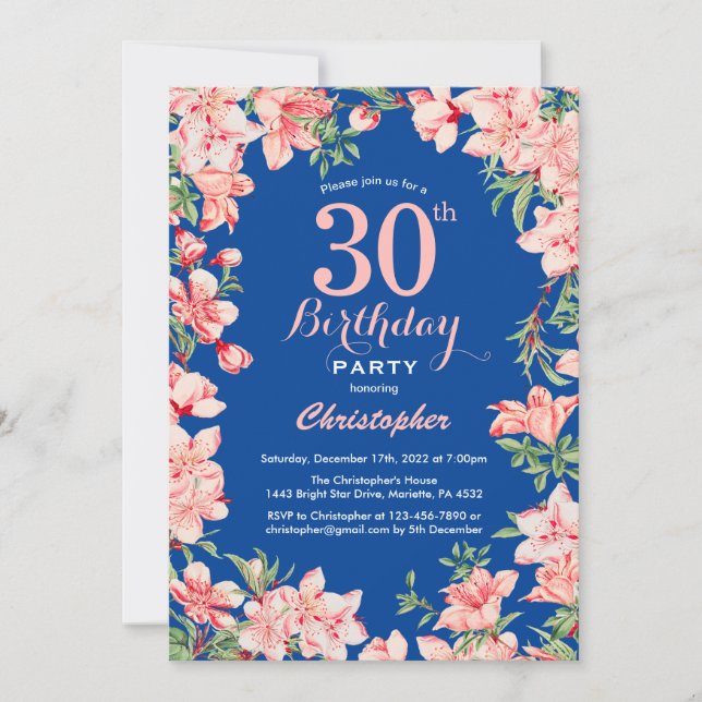30th Birthday Pink Floral Flowers Blue Invitation (Front)