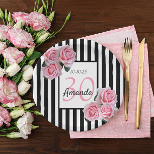 30th birthday pink florals black white stripes  paper plate
