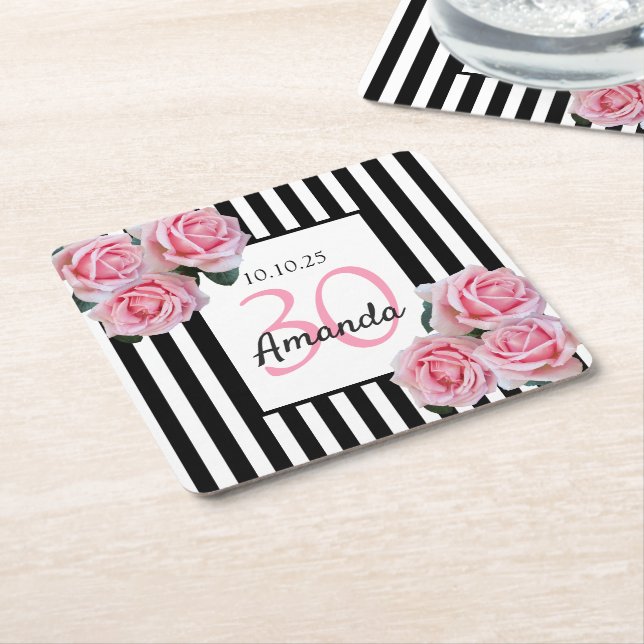30th birthday pink florals black white stripes square paper coaster (Angled)