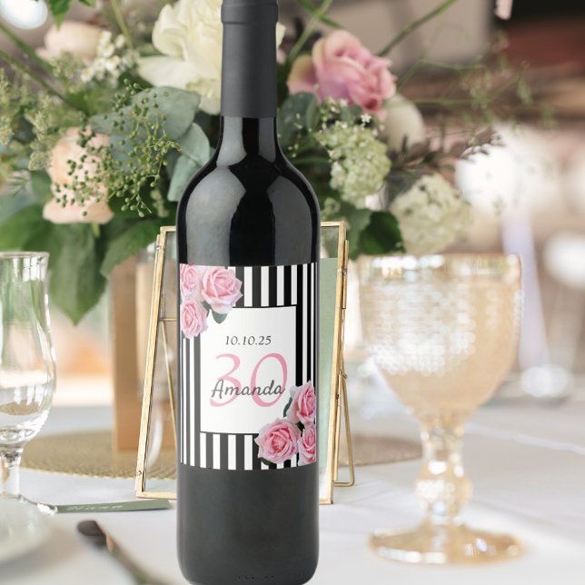 30th birthday pink flowers black white stripes wine label (Creator Uploaded)