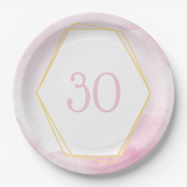 30th Birthday Pink & Gold Paper Plate (Front)