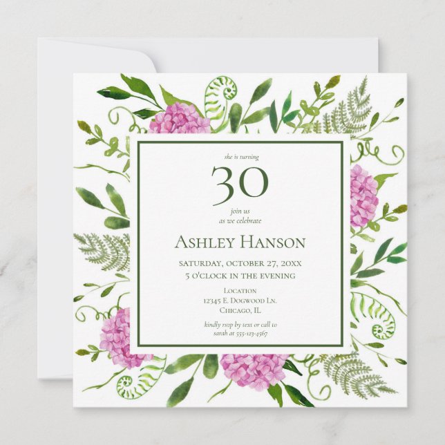 30th Birthday Pink Hydrangeas Invitation (Front)