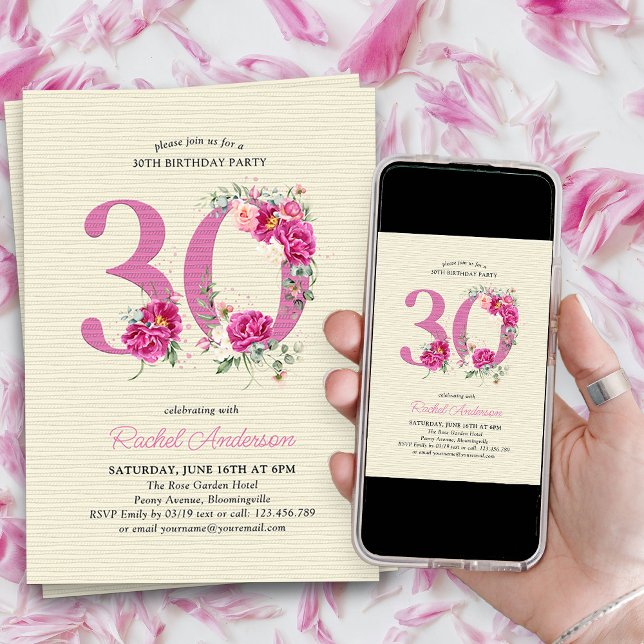 30th Birthday Pink Peony Floral Number 30 Invitation (30th Birthday Invitation with pink floral number 30 - elegant vintage design with roses and peonies)