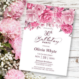 30th Birthday Pink Rose Floral Party Invitation